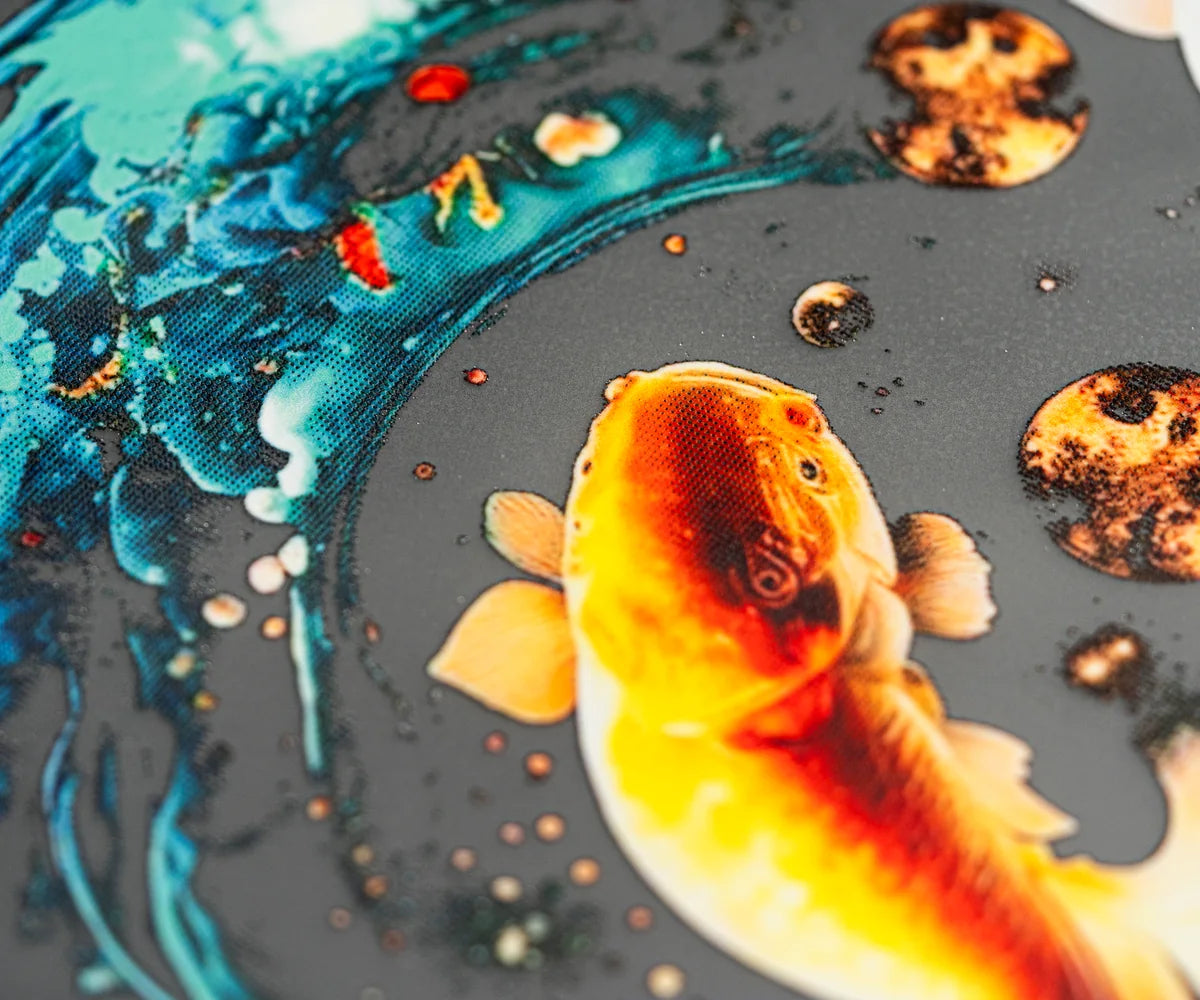 Close-up of printed detail on a koi transfer