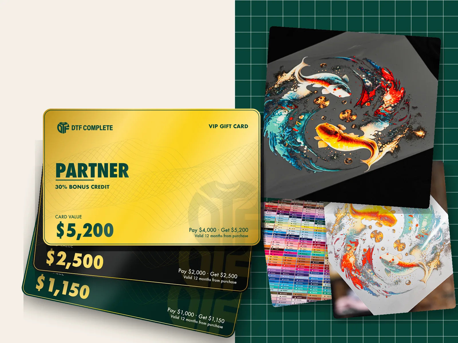 DTF Complete VIP Gift Cards beside real DTF and DTP transfers