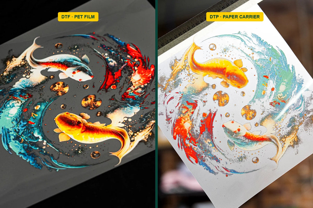 The same koi design on DTF film and on a DTP paper carrier