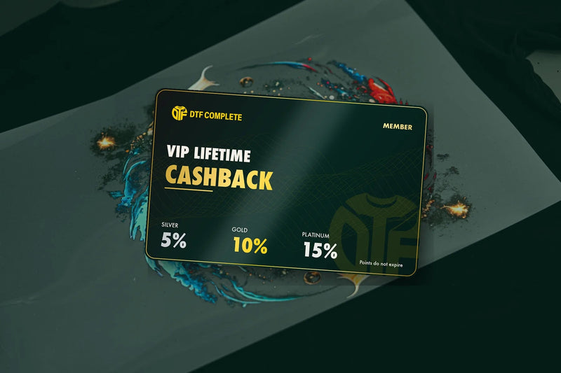 DTF Complete VIP Lifetime Cashback card on a printed koi transfer