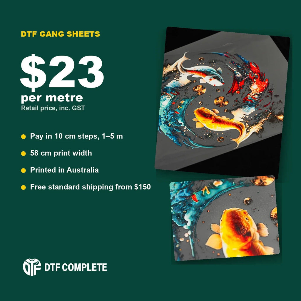 DTF gang sheets from $23 per metre inc. GST, in 10 cm steps from 1 to 5 m, 58 cm print width, printed in Australia, free standard shipping from $150