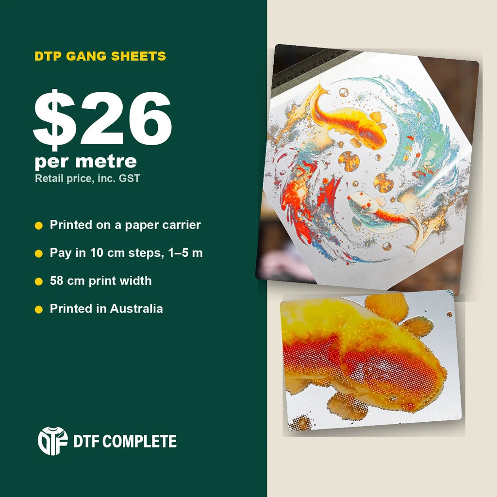 DTP gang sheets from $26 per metre inc. GST, printed on a paper carrier, in 10 cm steps from 1 to 5 m, 58 cm print width, printed in Australia