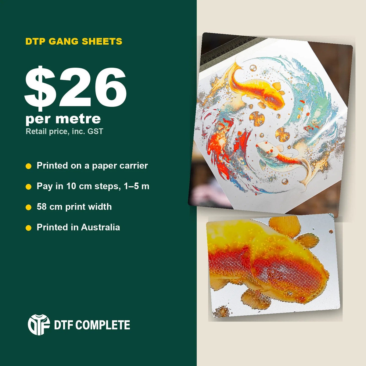 DTP gang sheets from $26 per metre inc. GST, printed on a paper carrier, in 10 cm steps from 1 to 5 m, 58 cm print width, printed in Australia