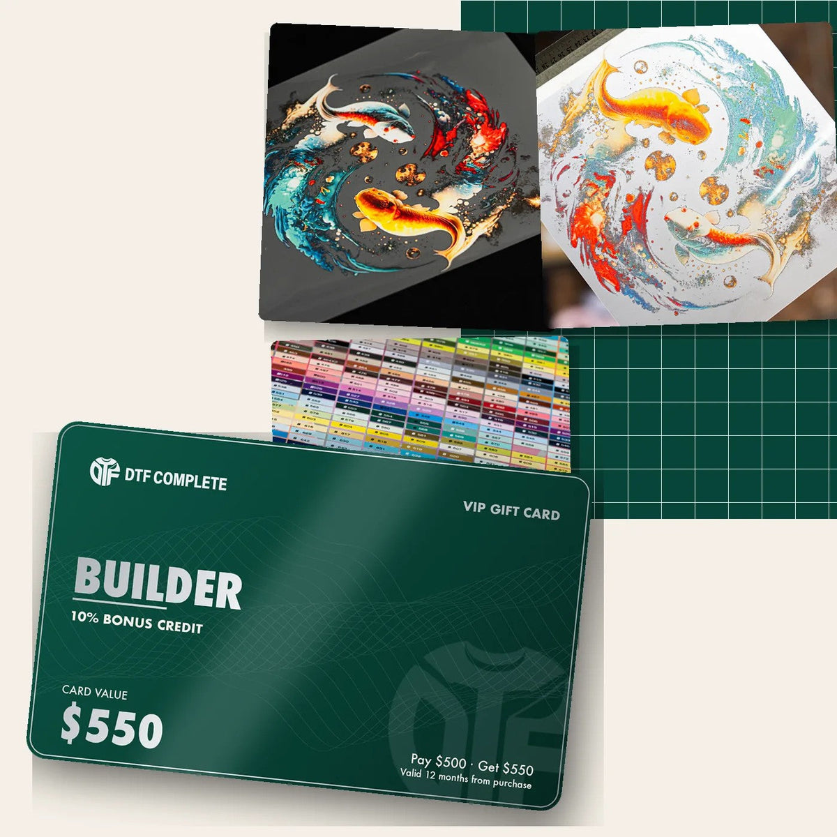 Builder VIP Gift Card: pay $500, get $550 print credit, shown with real DTF and DTP transfers
