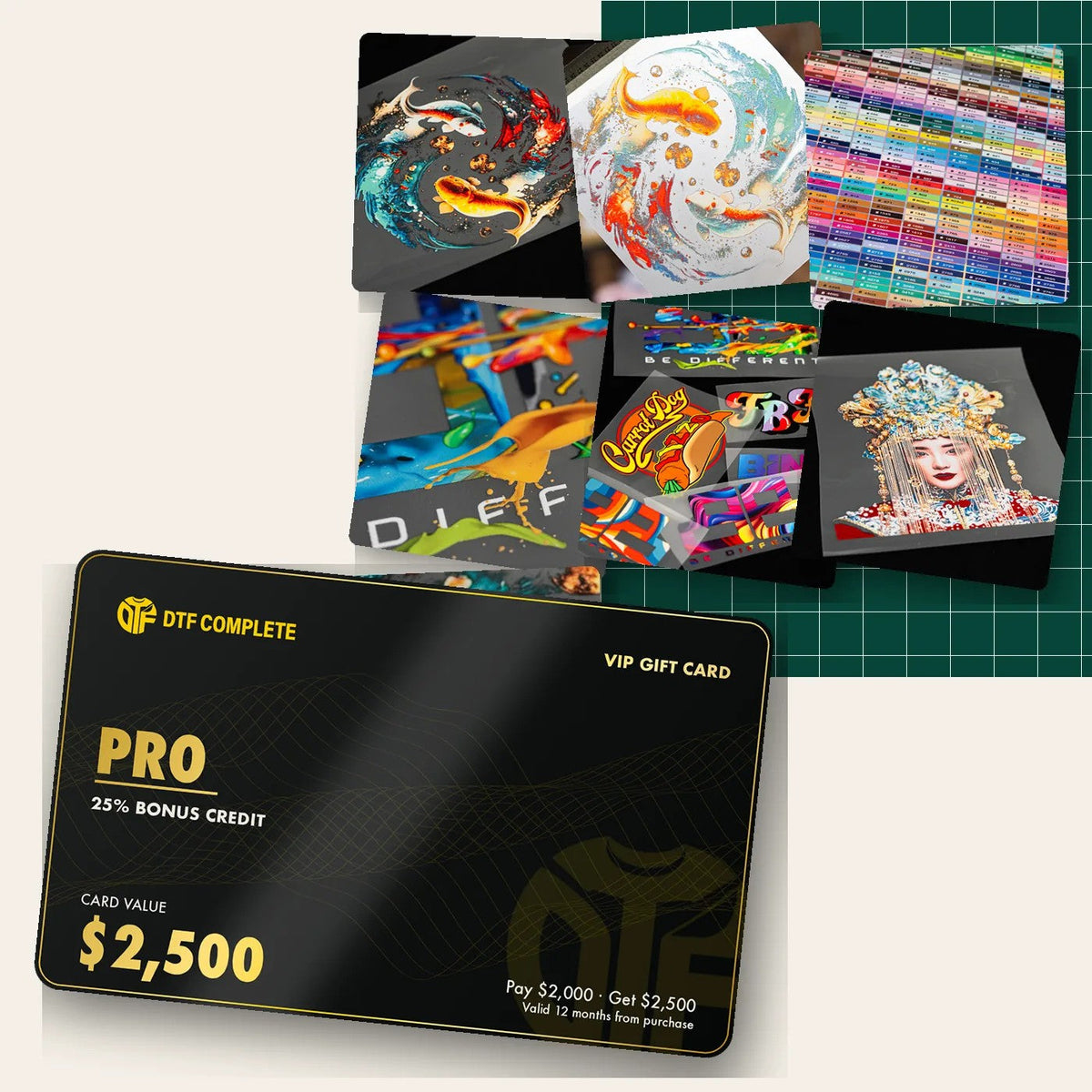 Pro VIP Gift Card: pay $2,000, get $2,500 print credit, shown with real DTF and DTP transfers