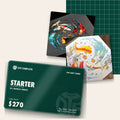 Starter VIP Gift Card: pay $250, get $270 print credit, shown with real DTF and DTP transfers