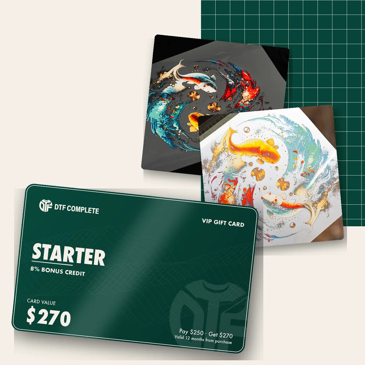 Starter VIP Gift Card: pay $250, get $270 print credit, shown with real DTF and DTP transfers