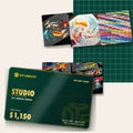 Studio VIP Gift Card: pay $1,000, get $1,150 print credit, shown with real DTF and DTP transfers