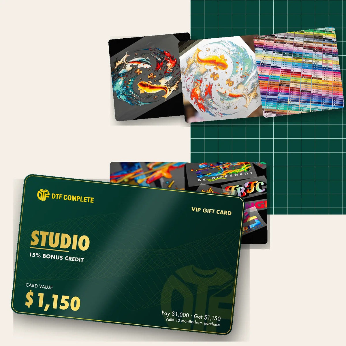 Studio VIP Gift Card: pay $1,000, get $1,150 print credit, shown with real DTF and DTP transfers