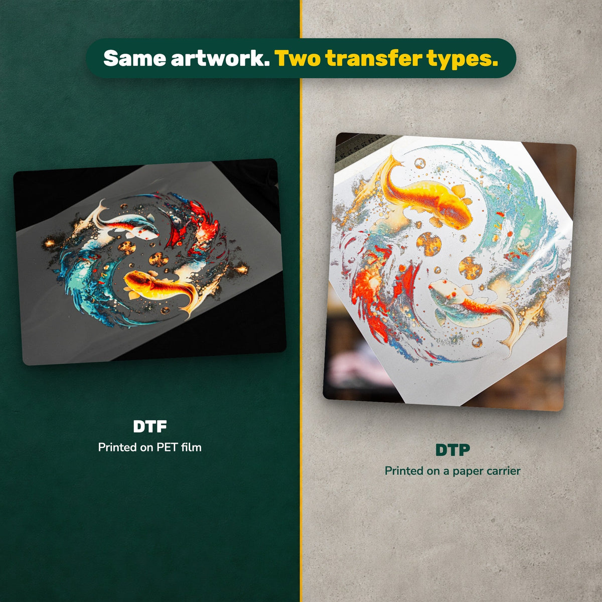 The same koi artwork printed as DTF on PET film and as DTP on a paper carrier, side by side