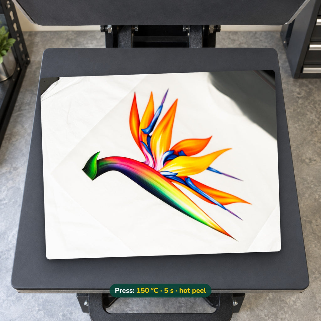 White T-shirt pressed with a DTF transfer of a bird of paradise flower, on a heat press. Press settings 150 °C, 5 seconds, hot peel
