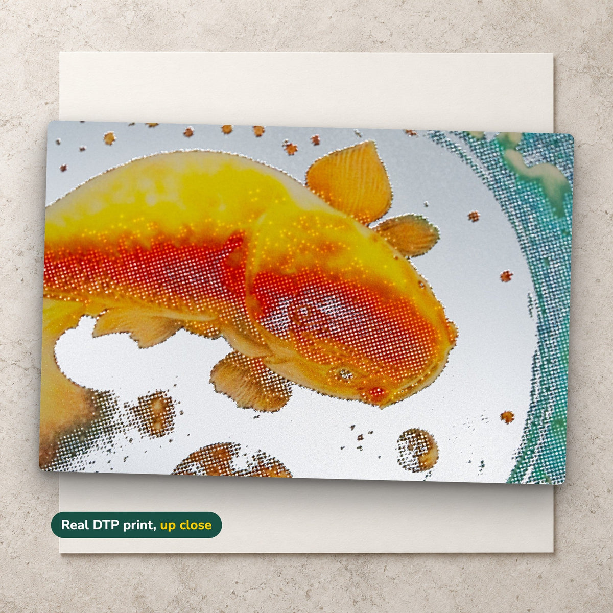 Close-up of a real DTP print showing halftone detail on the paper carrier