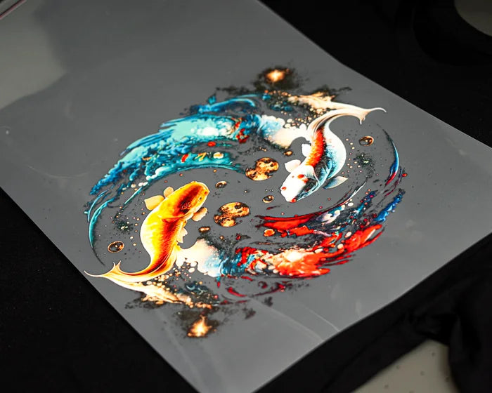 The same koi design printed on clear DTF film