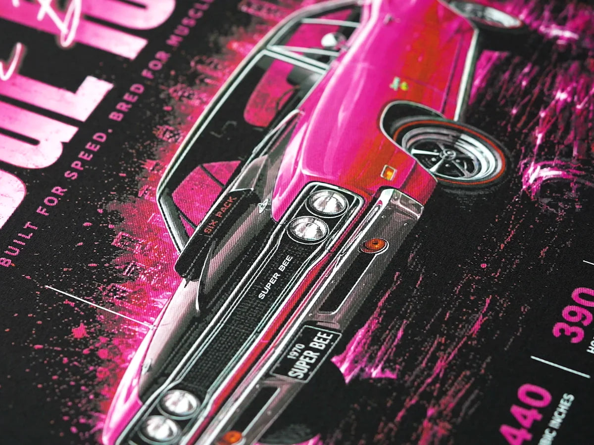 A finished full-colour print on a black T-shirt