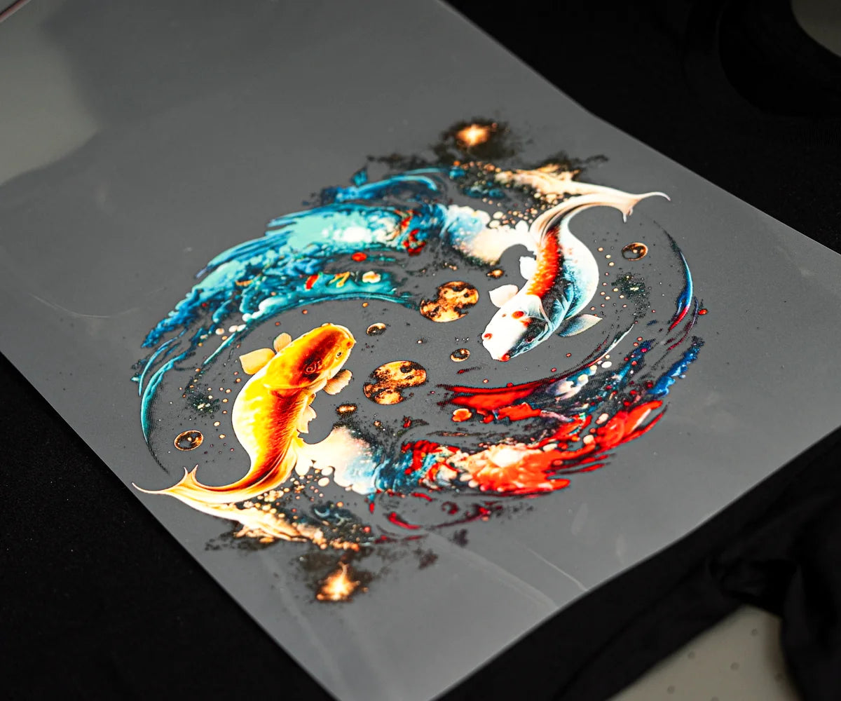 Koi design printed on clear film with no background box
