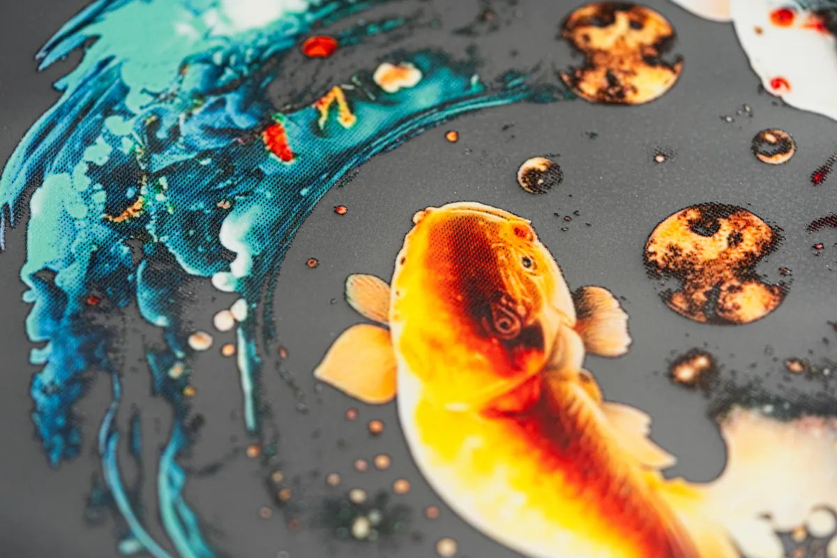 Close-up of a koi design printed on clear DTF film