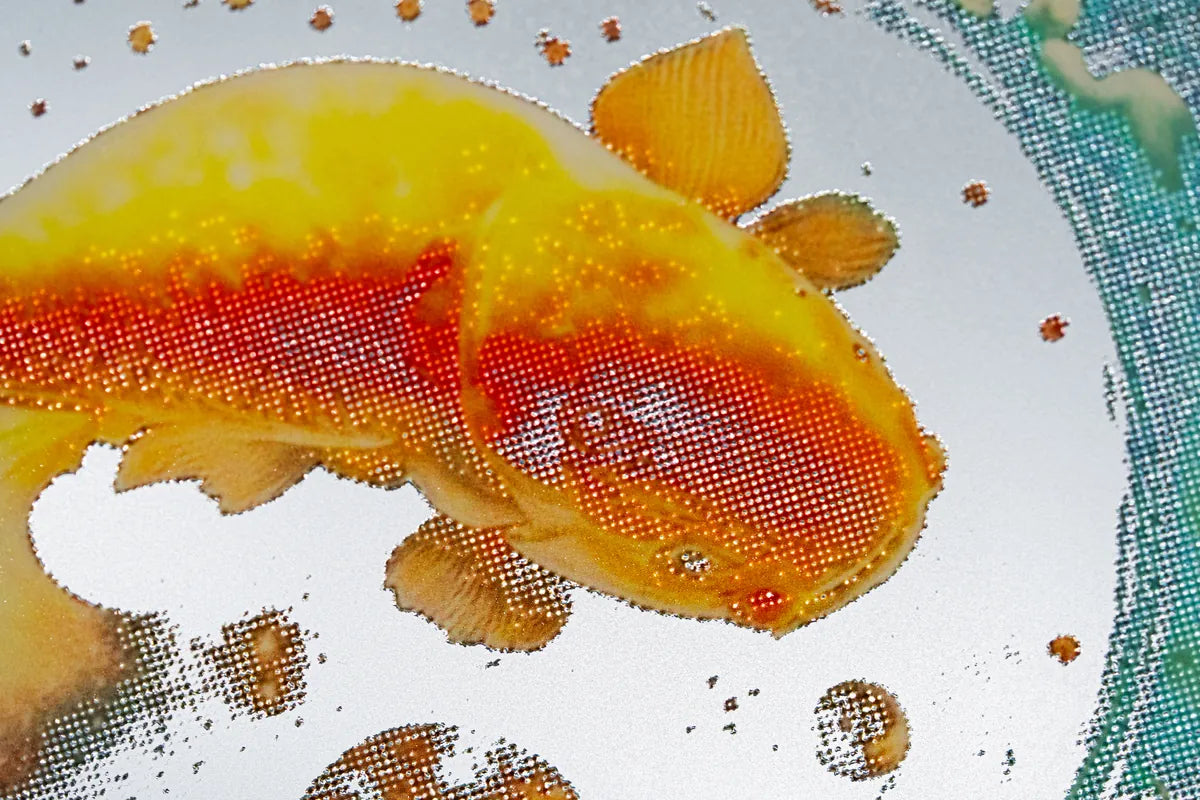 Close-up of the same koi design printed on a DTP paper carrier