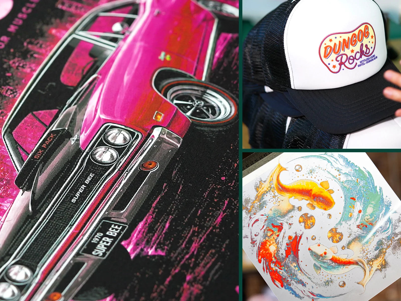 Finished DTF prints on a T-shirt and a cap, and a DTP transfer on paper