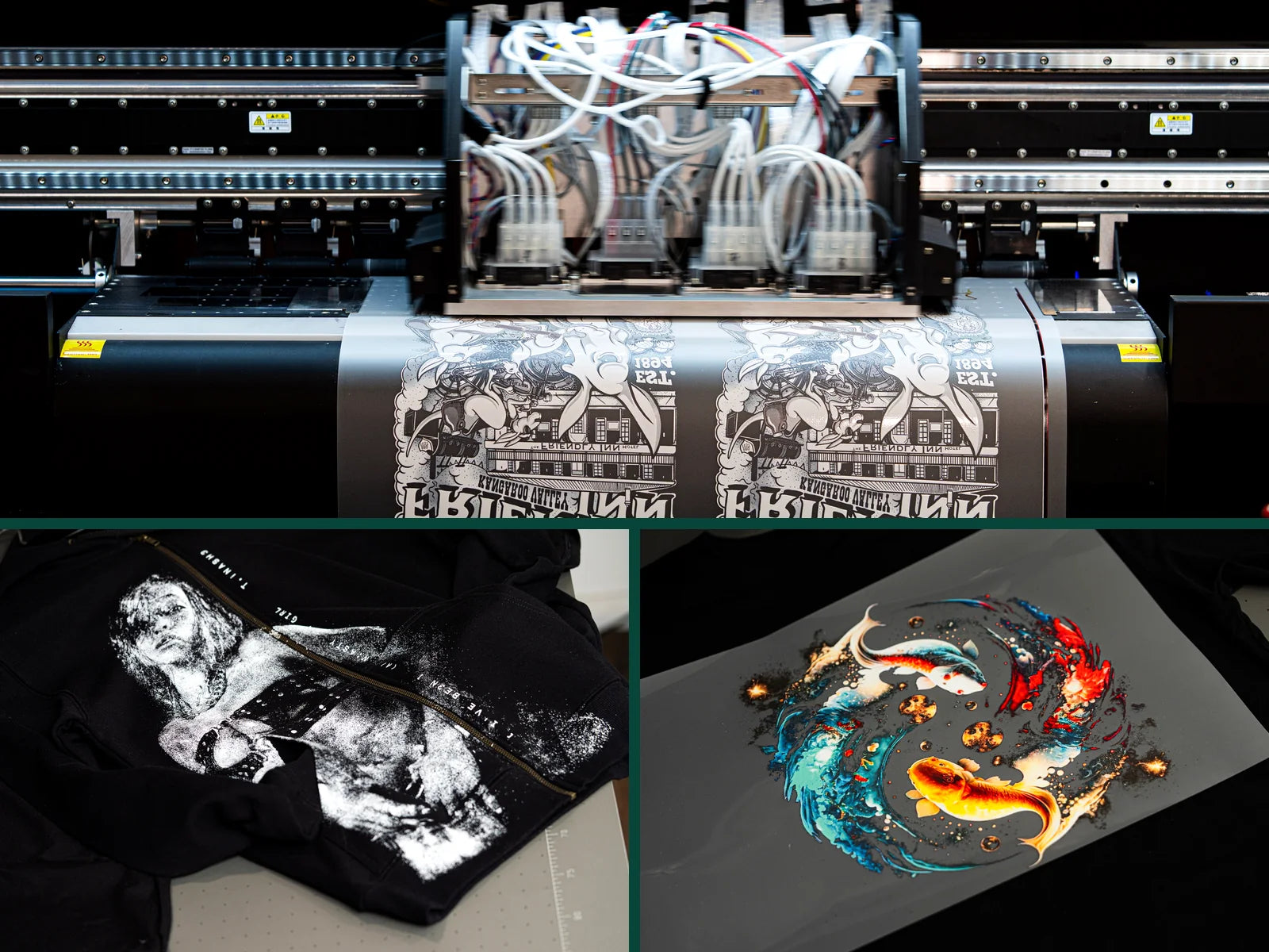 Print specialist comparing DTF, DTG, screen printed and sublimated garment samples