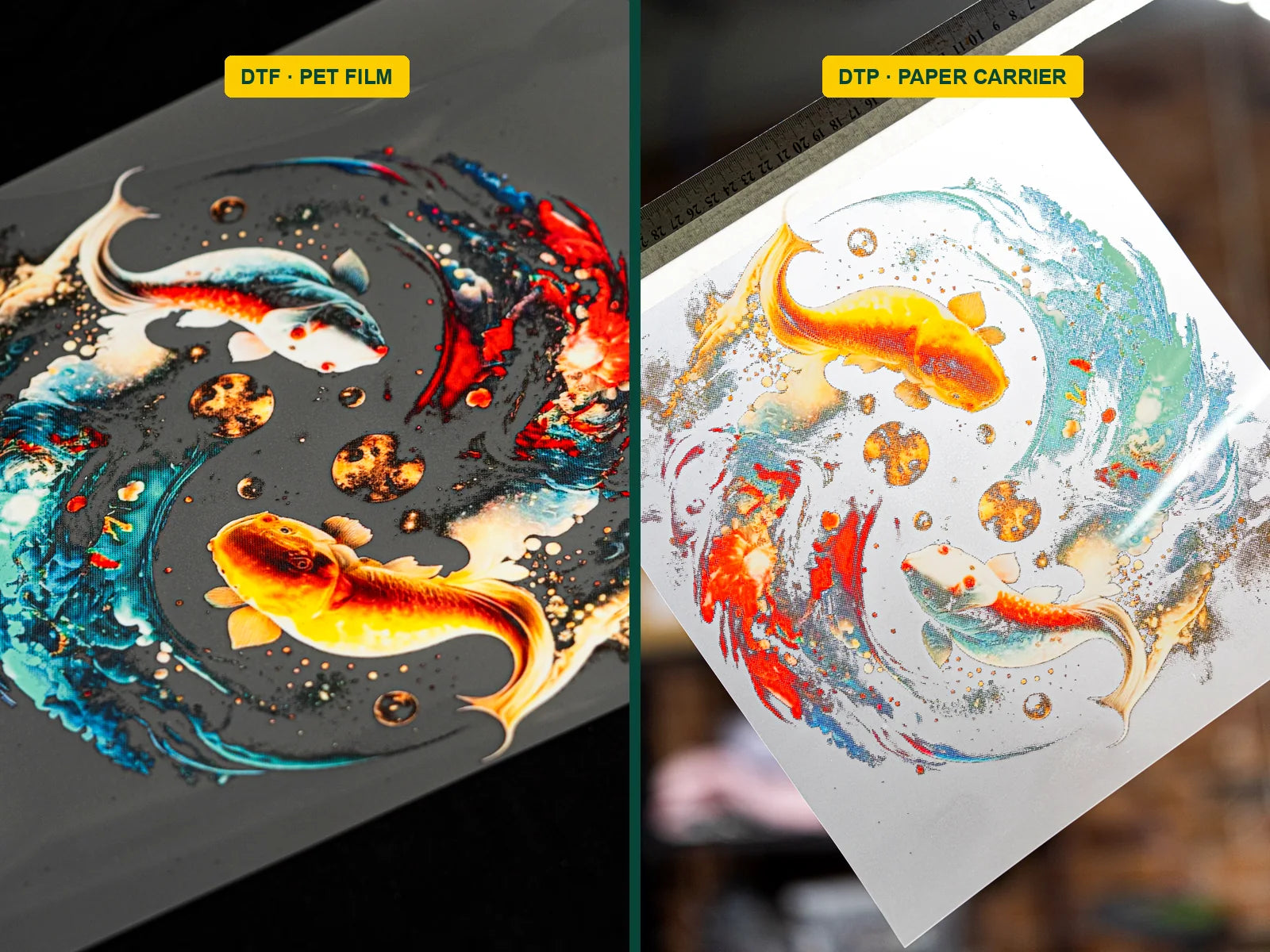 DTF printing process from wide-format film production and curing to a finished transfer and garment