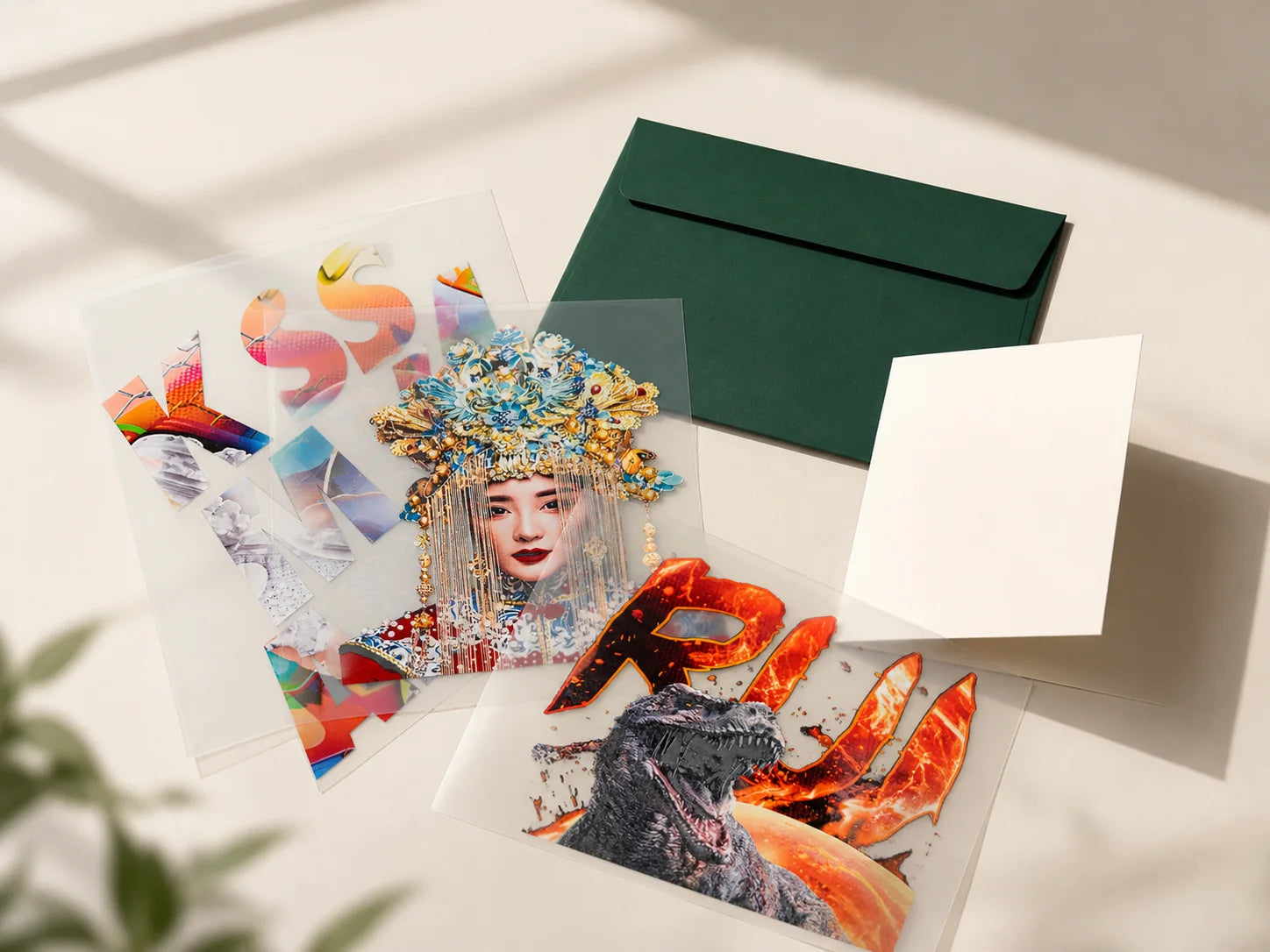 Curated DTF transfer samples, application guide and green mailing envelope