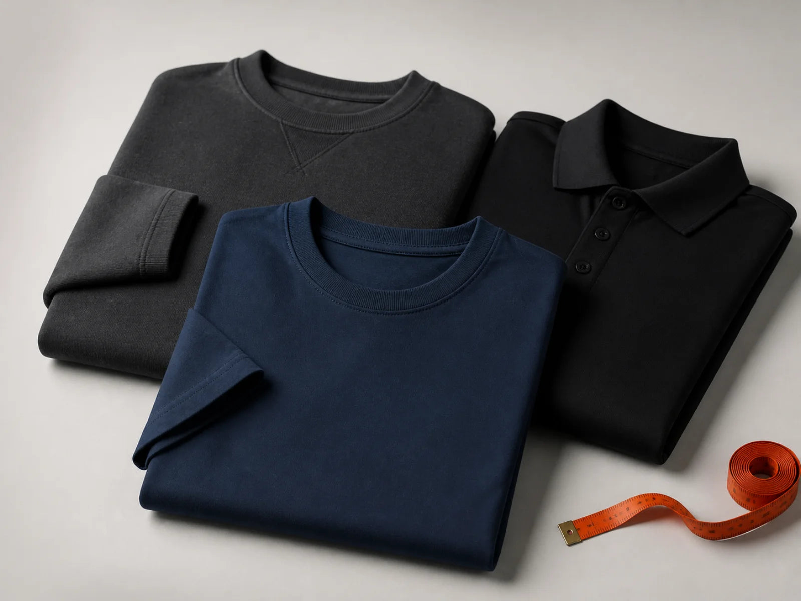 Unbranded navy T-shirt, charcoal sweatshirt and black polo prepared for custom garment printing